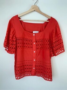 Calypso St. Barth Red Orange Eyelet Button-Front Square Neck Cotton Blouse